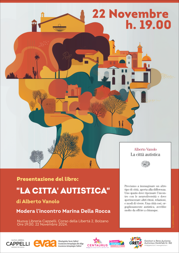 Locandina della presentazione del libro la città autistica di alberto vanolo, con illustrazione con profilo di donna fuso con la città